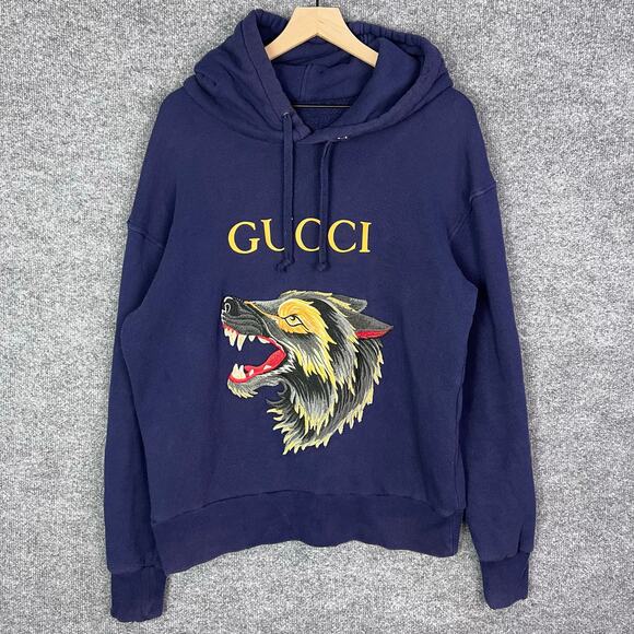 GUCCI BLUE WOLF EMBROIDERED HOODIE COTTON‎ MADE IN ITALY SZ M - Picture 1 of 14